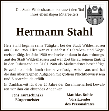 Traueranzeige von Hermann Stahl von SYK