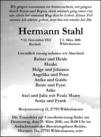 Traueranzeige von Hermann Stahl von SYK