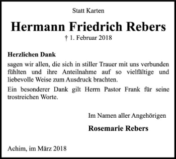 Traueranzeige von Hermann Friedrich Rebers von SYK