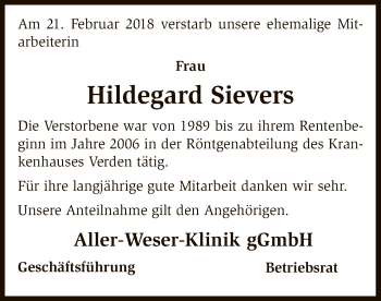 Traueranzeige von Hildegard Sievers von SYK