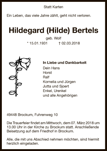 Traueranzeige von Hildegard Hilde Bertels von SYK