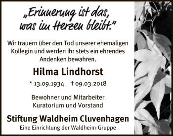 Traueranzeige von Hilma Lindhorst von SYK