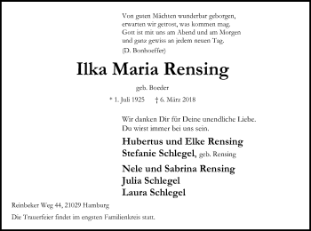 Traueranzeige von Ilka Maria Rensing von SYK