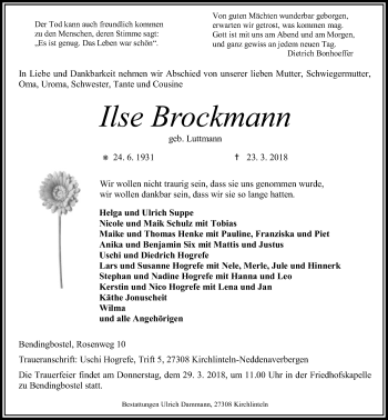 Traueranzeige von Ilse Brockmann von SYK