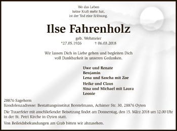 Traueranzeige von Ilse Fahrenholz von SYK