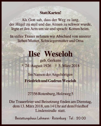 Traueranzeige von Ilse Weseloh von SYK