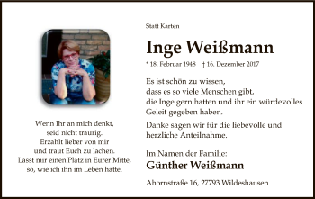 Traueranzeige von Inge Weißmann von SYK