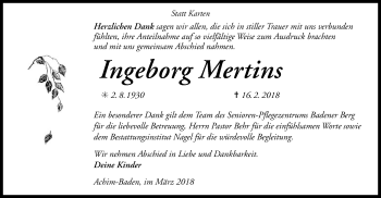 Traueranzeige von Ingeborg Mertins von SYK