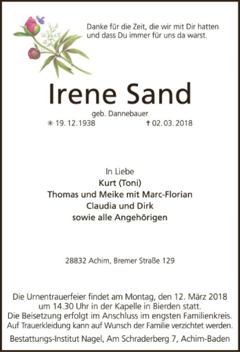 Traueranzeige von Irene Sand von SYK