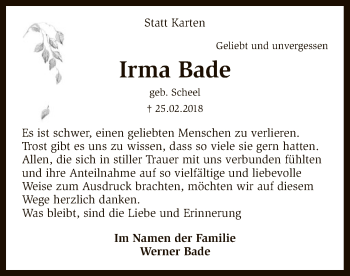 Traueranzeige von Irma Bade von SYK