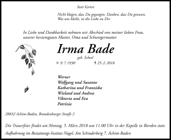 Traueranzeige von Irma Bade von SYK