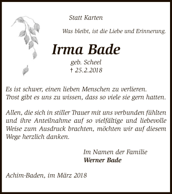 Traueranzeige von Irma Bade von SYK