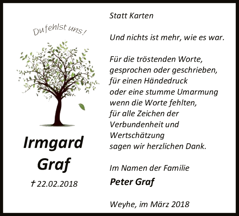  Traueranzeige für Irmgard Graf vom 23.03.2018 aus SYK