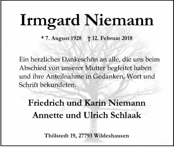 Traueranzeige von Irmgard Niemann von SYK
