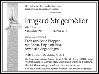 Traueranzeige von Irmgard Stegemöller von SYK