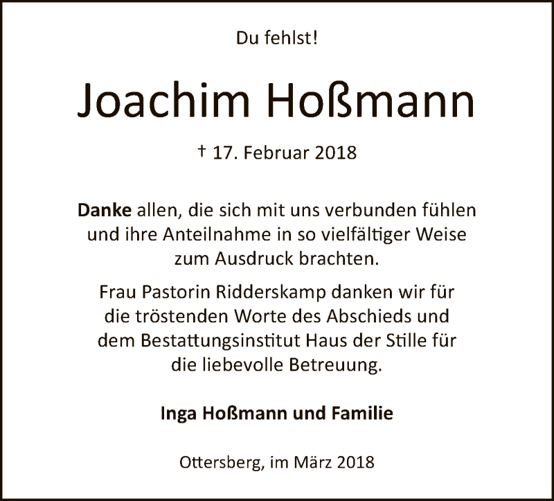  Traueranzeige für Joachim Hoßmann vom 28.03.2018 aus SYK
