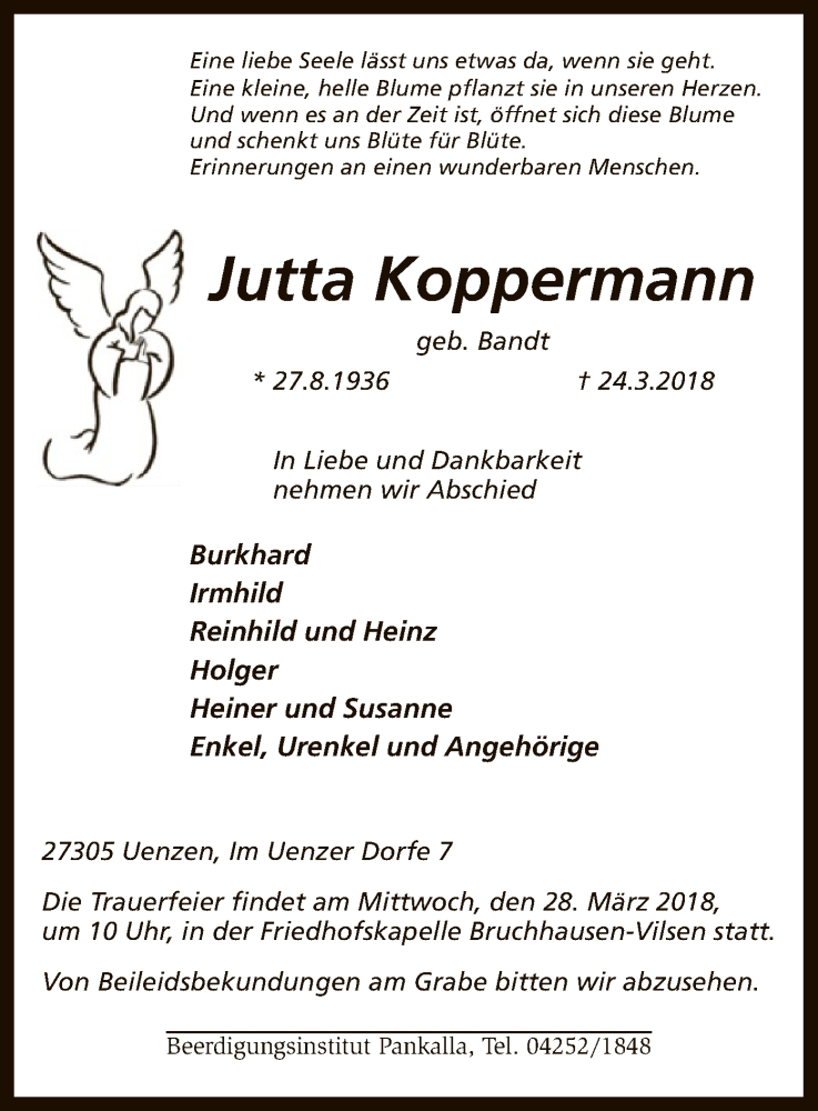  Traueranzeige für Jutta Koppermann vom 26.03.2018 aus SYK