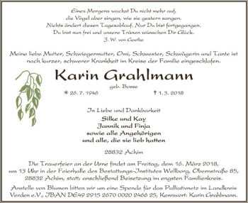 Traueranzeige von Karin Grahlmann von SYK