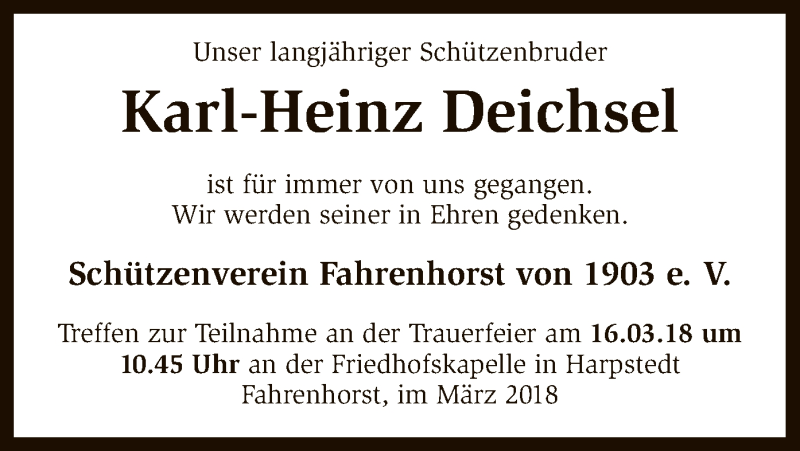  Traueranzeige für Karl-Heinz Deichsel vom 14.03.2018 aus SYK