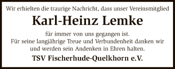 Traueranzeige von Karl-Heinz Lemke von SYK