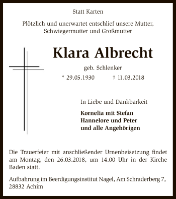 Traueranzeige von Klara Albrecht von SYK