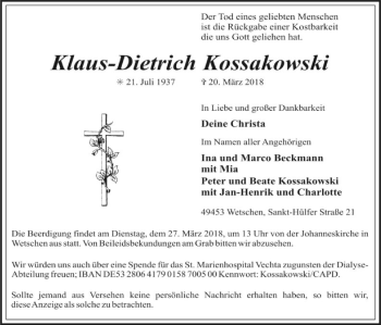 Traueranzeige von Klaus-Dietrich Kossakowski von SYK