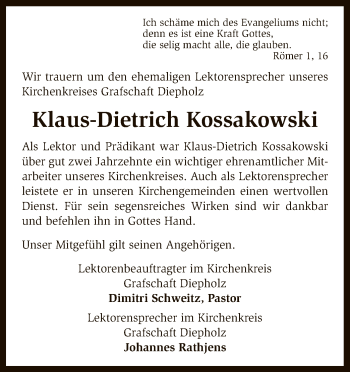 Traueranzeige von Klaus-Dietrich Kossakowski von SYK