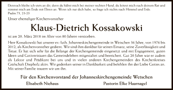 Traueranzeige von Klaus-Dietrich Kossakowski von SYK