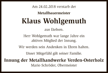 Traueranzeige von Klaus Wohlgemuth von SYK