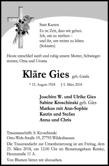 Traueranzeige von Kläre Gies von SYK