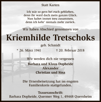 Traueranzeige von Kriemhilde Tretschoks von SYK