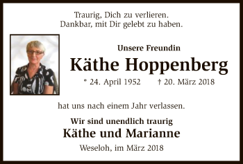 Traueranzeige von Käthe Hoppenberg von SYK