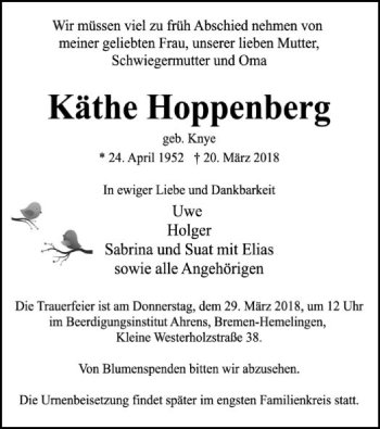 Traueranzeige von Käthe Hoppenberg von SYK