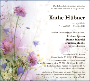 Traueranzeige von Käthe Hübner von SYK