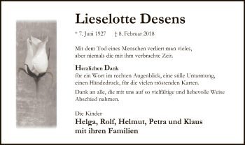 Traueranzeige von Lieselotte Desens von SYK