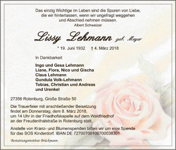 Traueranzeige von Lissy Lehmann von SYK