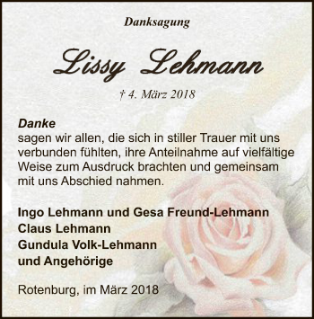 Traueranzeige von Lissy Lehmann von SYK