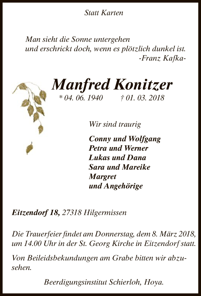  Traueranzeige für Manfred Konitzer vom 03.03.2018 aus SYK