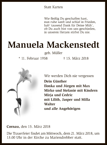 Traueranzeige von Manuela Mackenstedt von SYK