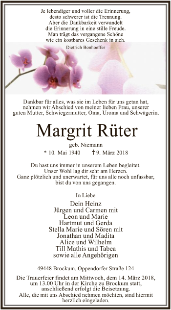 Traueranzeige von Margrit Rüter von SYK