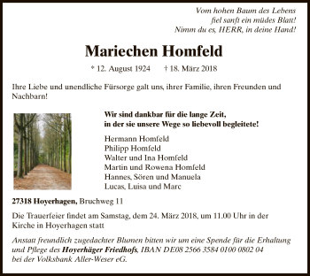 Traueranzeige von Mariechen Homfeld von SYK