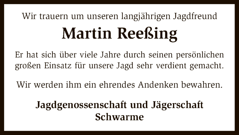  Traueranzeige für Martin Reeßing vom 21.03.2018 aus SYK