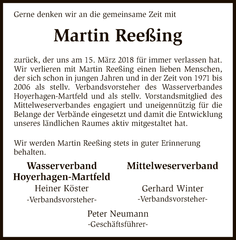  Traueranzeige für Martin Reeßing vom 20.03.2018 aus SYK