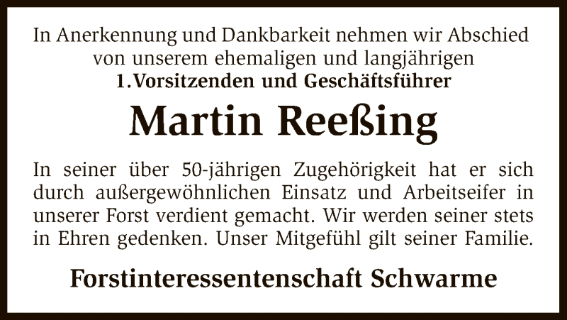  Traueranzeige für Martin Reeßing vom 21.03.2018 aus SYK