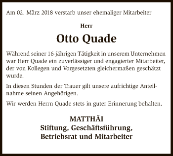 Traueranzeige von Otto Quade von SYK