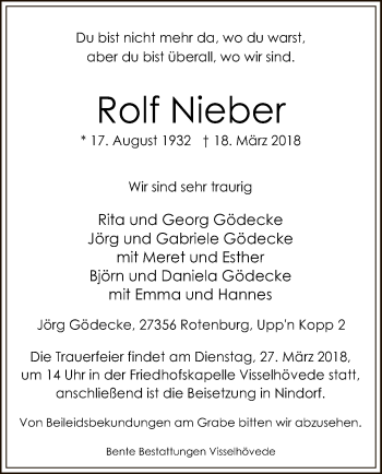 Traueranzeige von Rolf Nieber von SYK