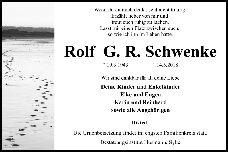  Traueranzeige für Rolf G. R. Schwenke vom 24.03.2018 aus SYK