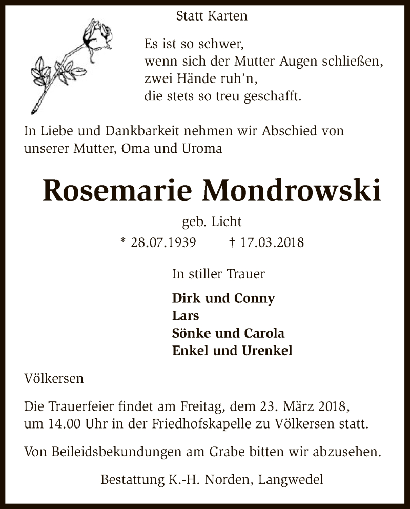  Traueranzeige für Rosemarie Mondrowski vom 20.03.2018 aus SYK