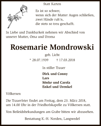 Traueranzeige von Rosemarie Mondrowski von SYK