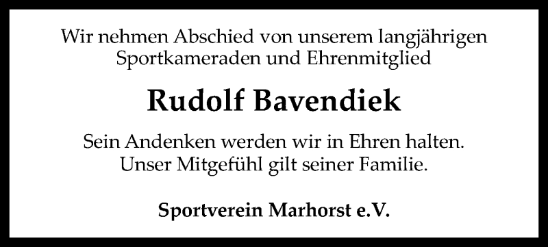  Traueranzeige für Rudolf Bavendiek vom 12.03.2018 aus SYK